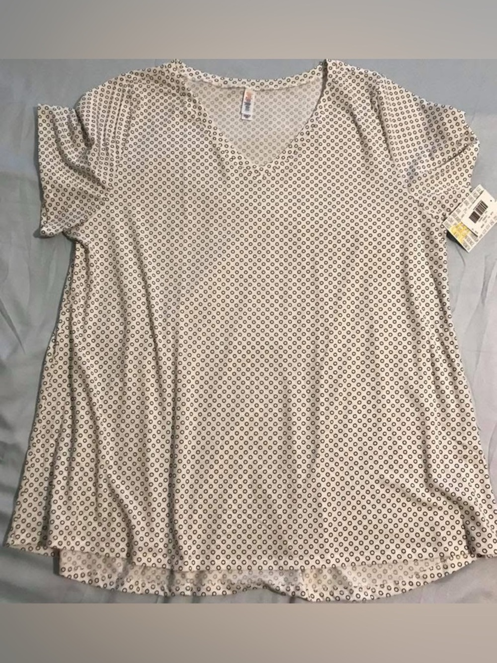 LuLaRoe Christy T Cream Short Sleeve V-Neck Top with Black Dot Print
